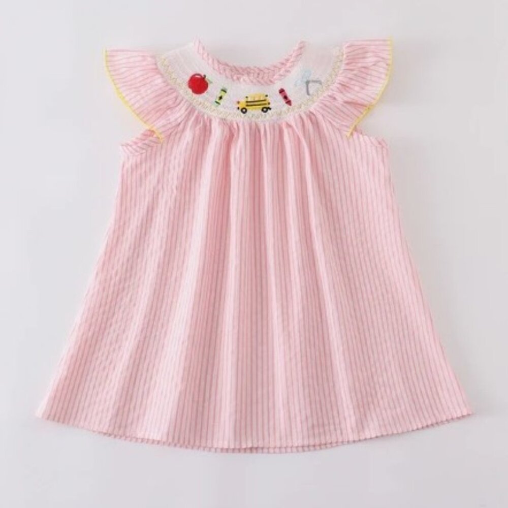 Boutique Back to School Apple School Bus Embroidered Smocked Dress